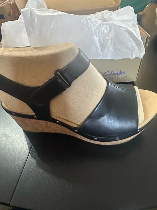 Clarks Black Leather Cork Wedge Sandal - Picture 3 of 14